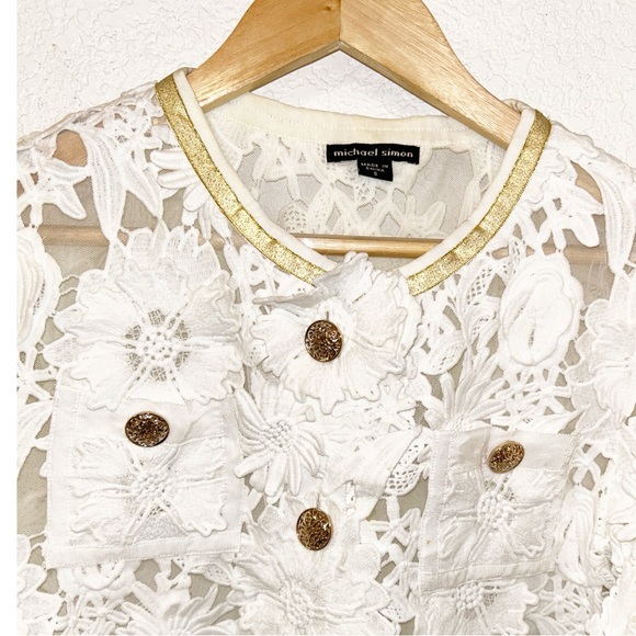 MICHAEL SIMON Textured white Floral Sheer Cropped Blazer Gold hardware SZ:Small - Picture 3 of 16